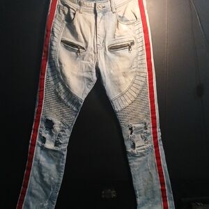 Stylish Light Blue Skinny Jeans with Red Stripes